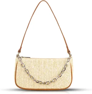 Women's Beige Bohemian Straw Hobo Handbag, 13.4''X9.3'' Crescent Shape, 122.72 Cubic Inches, Chain Handle, Zipper Closure, Summer Travel Beach Bag