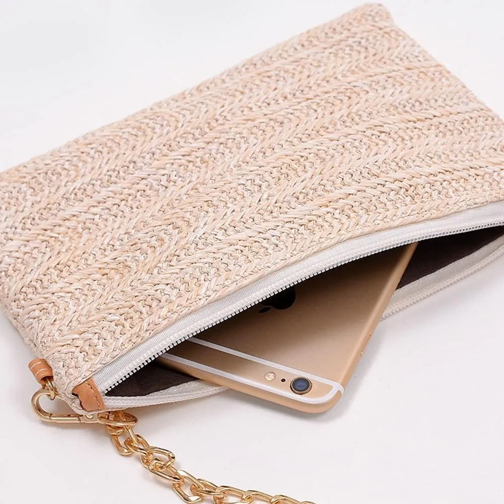 Womens Casual Straw Purses Woven Shoulder Crossbody Bag Small Handbags Tote Bag Wallet Summer Beach Bag with Chain