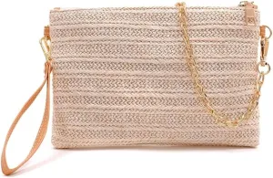 Womens Casual Straw Purses Woven Shoulder Crossbody Bag Small Handbags Tote Bag Wallet Summer Beach Bag with Chain
