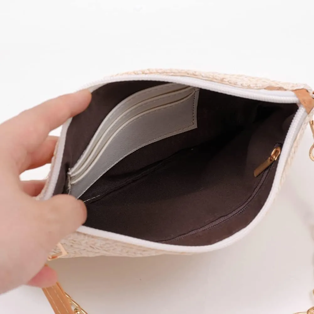 Womens Casual Straw Purses Woven Shoulder Crossbody Bag Small Handbags Tote Bag Wallet Summer Beach Bag with Chain