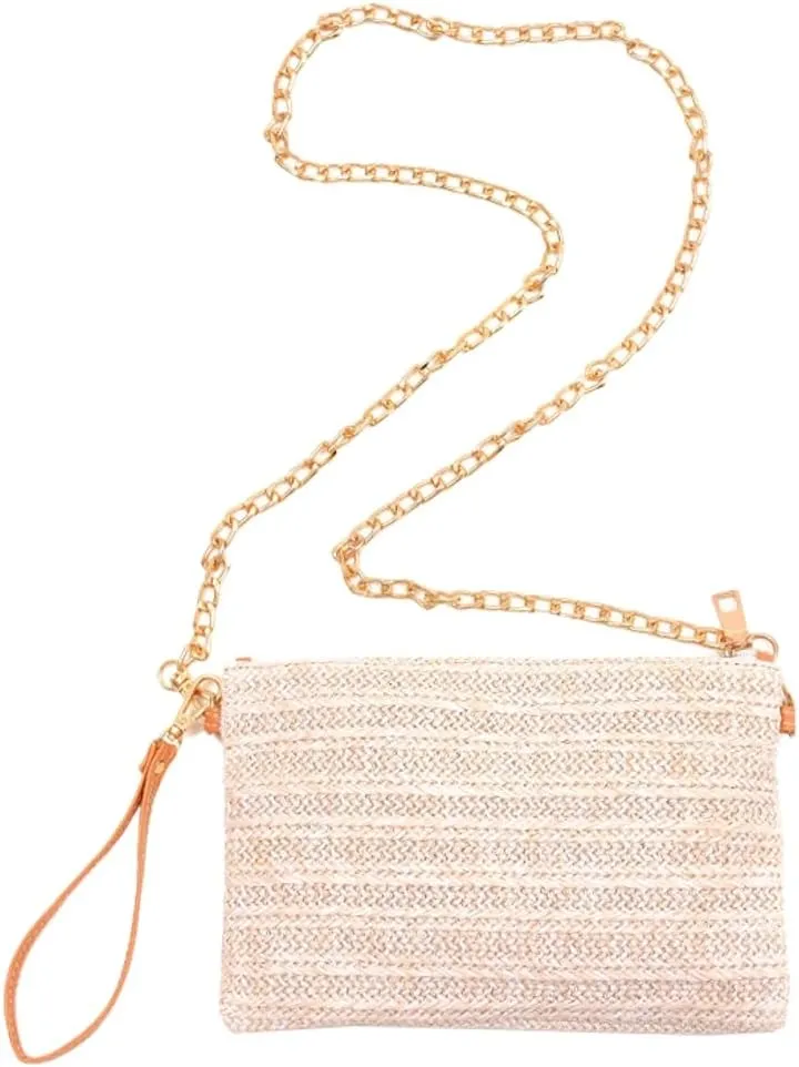 Womens Casual Straw Purses Woven Shoulder Crossbody Bag Small Handbags Tote Bag Wallet Summer Beach Bag with Chain