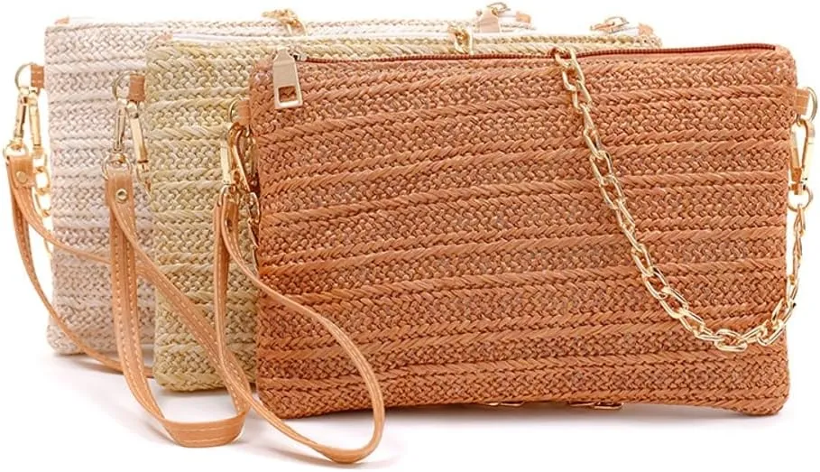 Womens Casual Straw Purses Woven Shoulder Crossbody Bag Small Handbags Tote Bag Wallet Summer Beach Bag with Chain