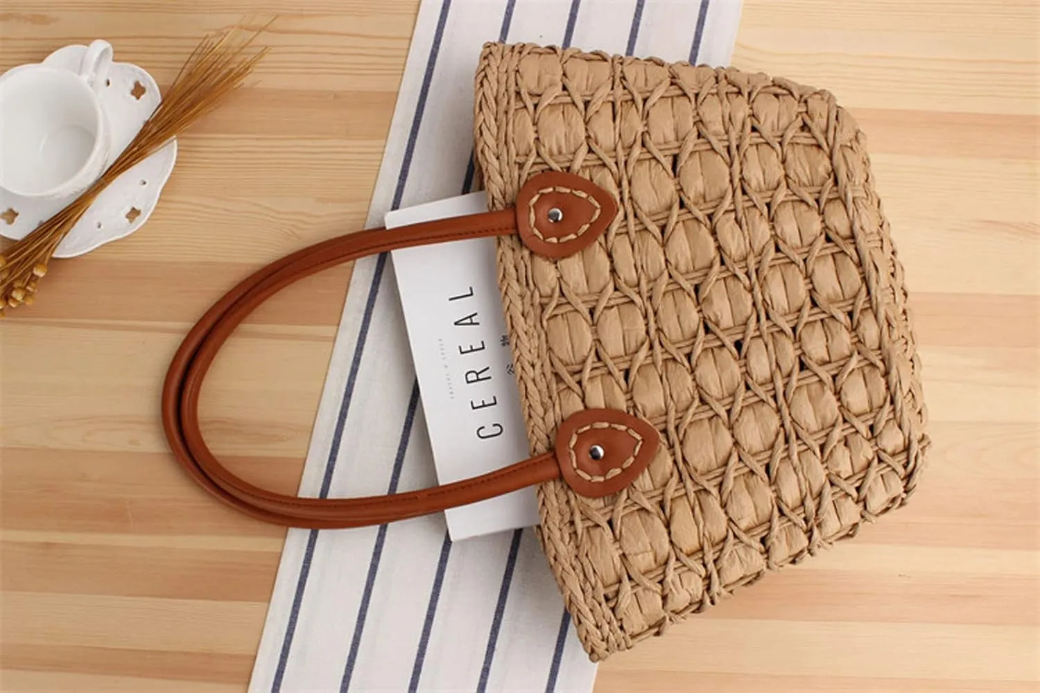 Women's Classic Straw Summer Beach Shoulder Bag Handbag Tote With PU Leather Straps Handmade Purse