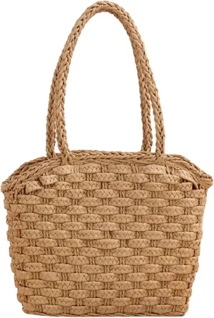 Women's Classic Straw Summer Beach Shoulder Bag Handbag Tote With PU Leather Straps Handmade Purse