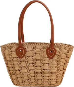 Women's Classic Straw Summer Beach Shoulder Bag Handbag Tote With PU Leather Straps Handmade Purse