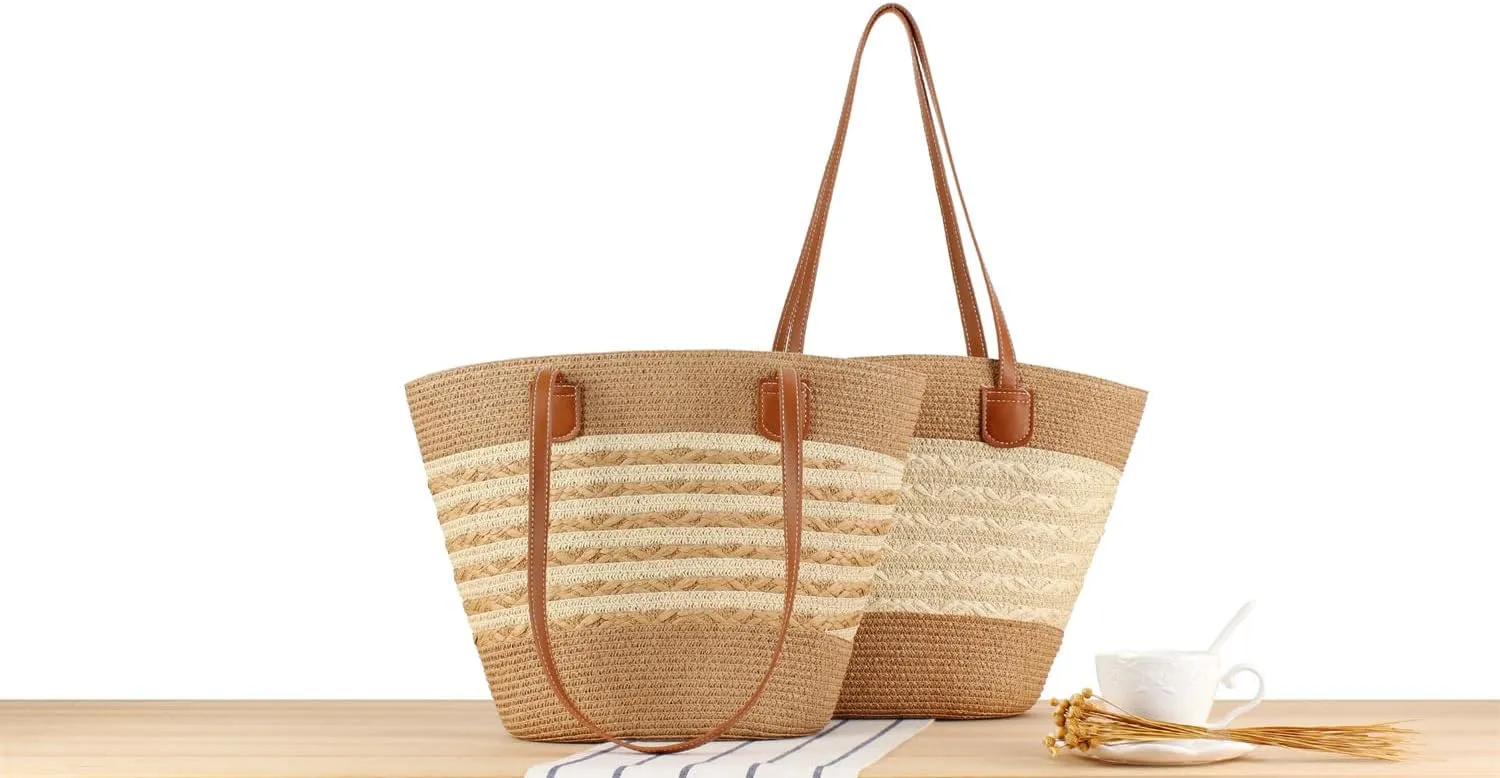 Women's Classic Straw Summer Beach Shoulder Bag Handbag Tote With PU Leather Straps Handmade Purse