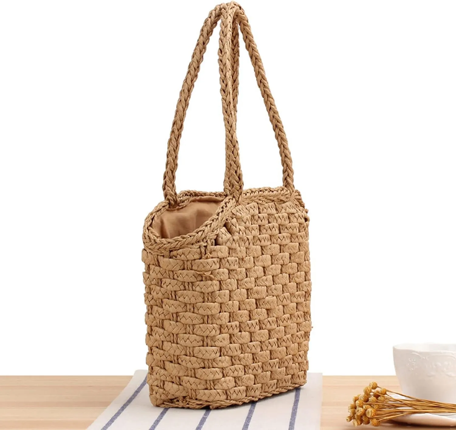 Women's Classic Straw Summer Beach Shoulder Bag Handbag Tote With PU Leather Straps Handmade Purse