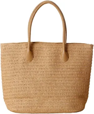 Women's Classic Straw Summer Beach Shoulder Bag Handbag Tote With PU Leather Straps Handmade Purse