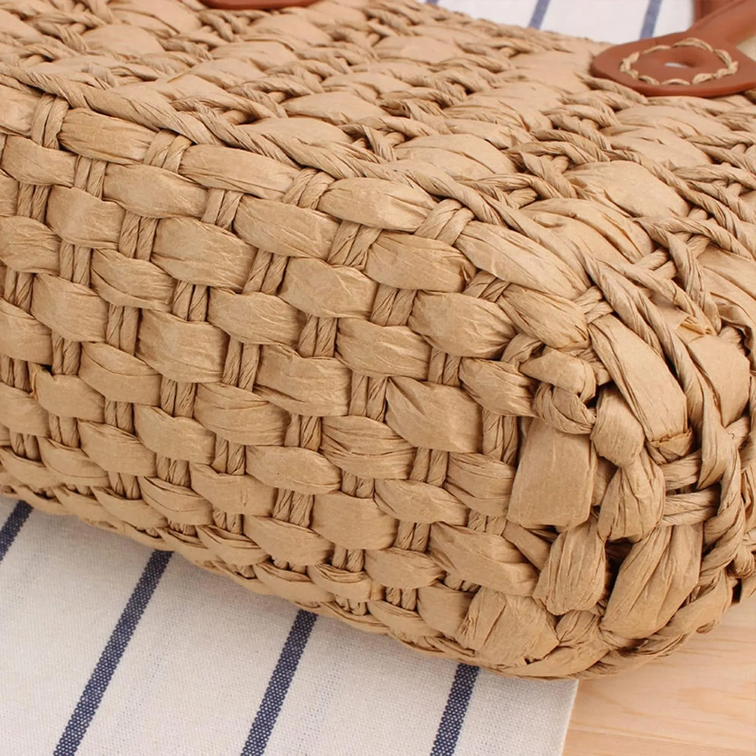 Women's Classic Straw Summer Beach Shoulder Bag Handbag Tote With PU Leather Straps Handmade Purse