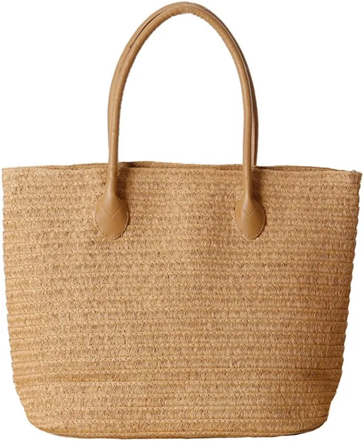 Women's Classic Straw Summer Beach Shoulder Bag Handbag Tote With PU Leather Straps Handmade Purse