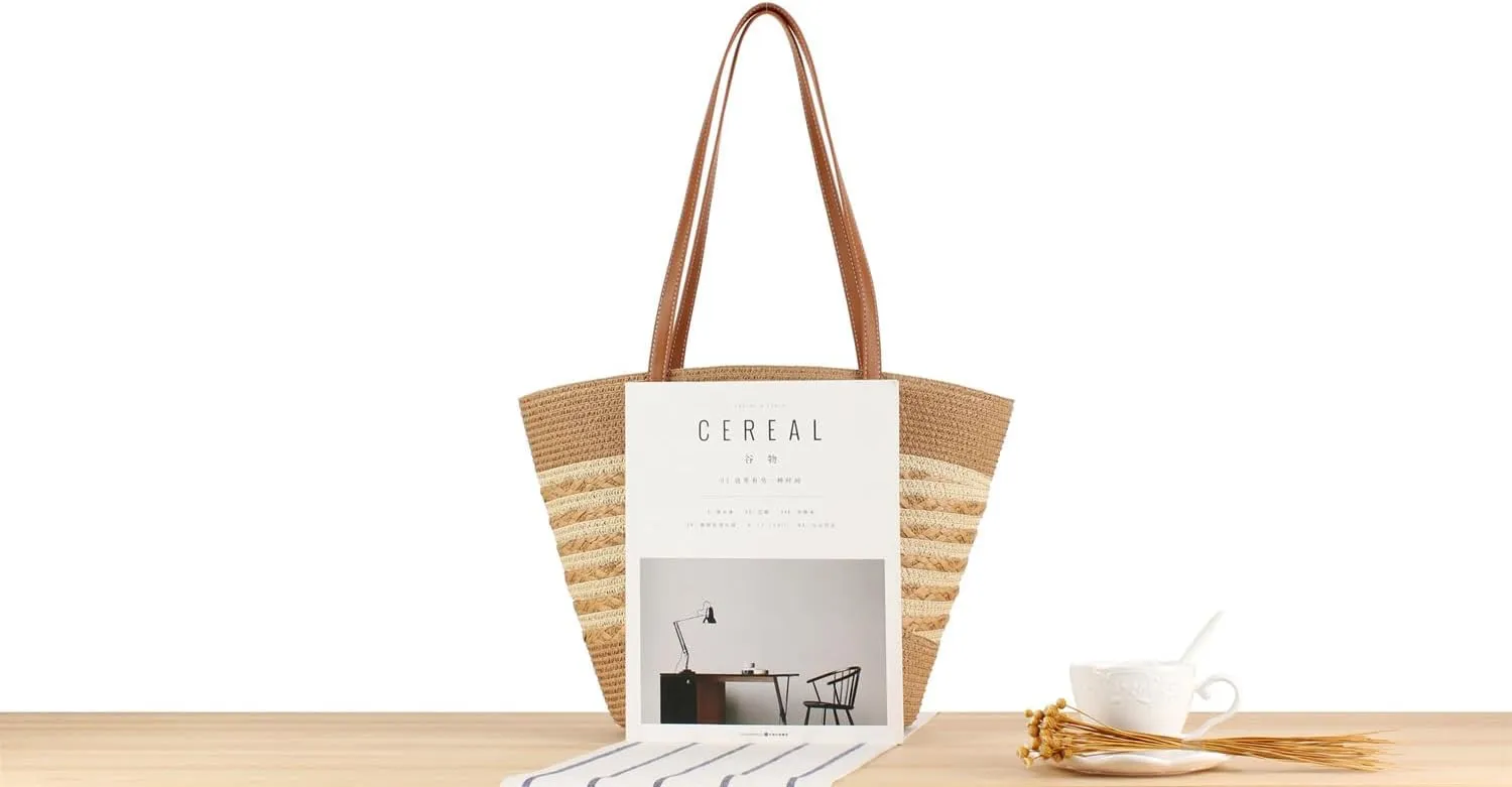 Women's Classic Straw Summer Beach Shoulder Bag Handbag Tote With PU Leather Straps Handmade Purse