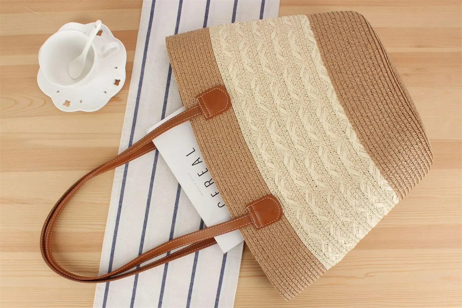 Women's Classic Straw Summer Beach Shoulder Bag Handbag Tote With PU Leather Straps Handmade Purse