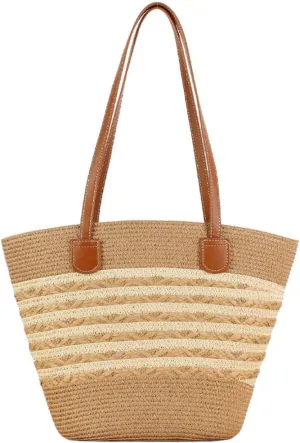 Women's Classic Straw Summer Beach Shoulder Bag Handbag Tote With PU Leather Straps Handmade Purse