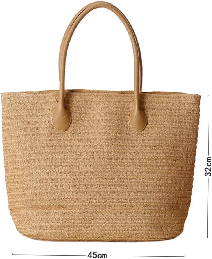 Women's Classic Straw Summer Beach Shoulder Bag Handbag Tote With PU Leather Straps Handmade Purse