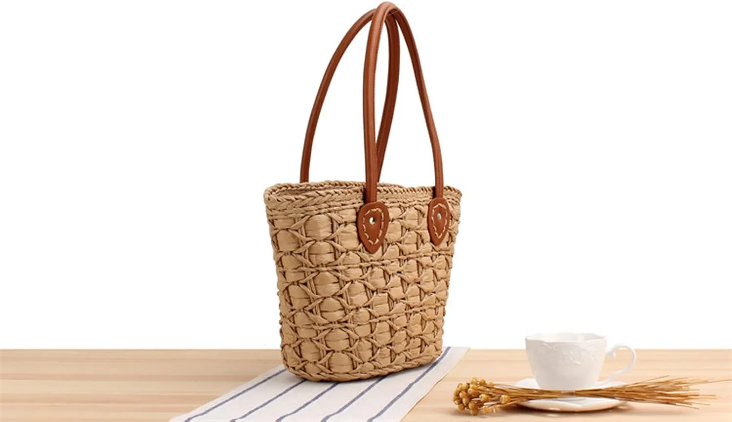 Women's Classic Straw Summer Beach Shoulder Bag Handbag Tote With PU Leather Straps Handmade Purse