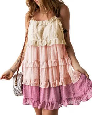 Women's Color Block Ruffle Tiered Dress Swiss Dot Spaghetti Strap Dress Cute Sleeveless Flowy A Line Sundress