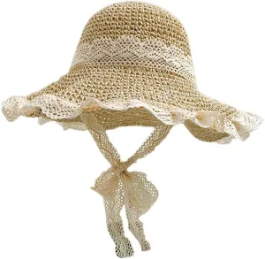 Womens Crochet Sun Hat Wide Brim Straw Woven Hat Foldable Summer Beach Cap Foldable UPF 50  UV Protection Bucket Hat