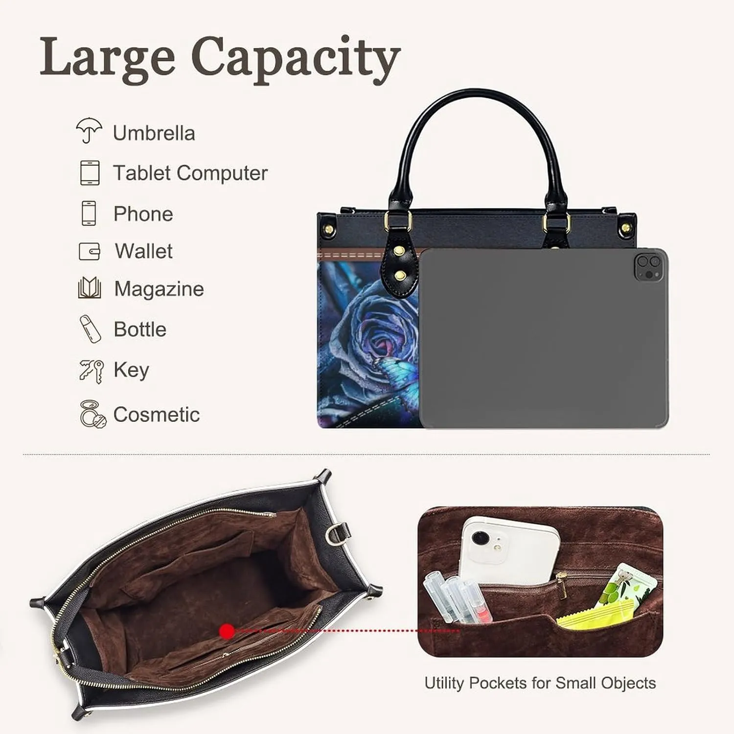 Womens Handbag - Flowers Tote Bags for Women gifts - Shoulder Purses for Shopping Daily Use - PU Leather Bag