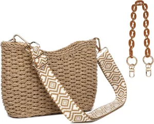 Women's Handmade Woven Shoulder Bags Straw Crossbody Purse Stylish Beach Hobo Handbags with Zipper Closure