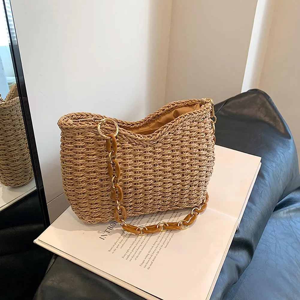 Women's Handmade Woven Shoulder Bags Straw Crossbody Purse Stylish Beach Hobo Handbags with Zipper Closure
