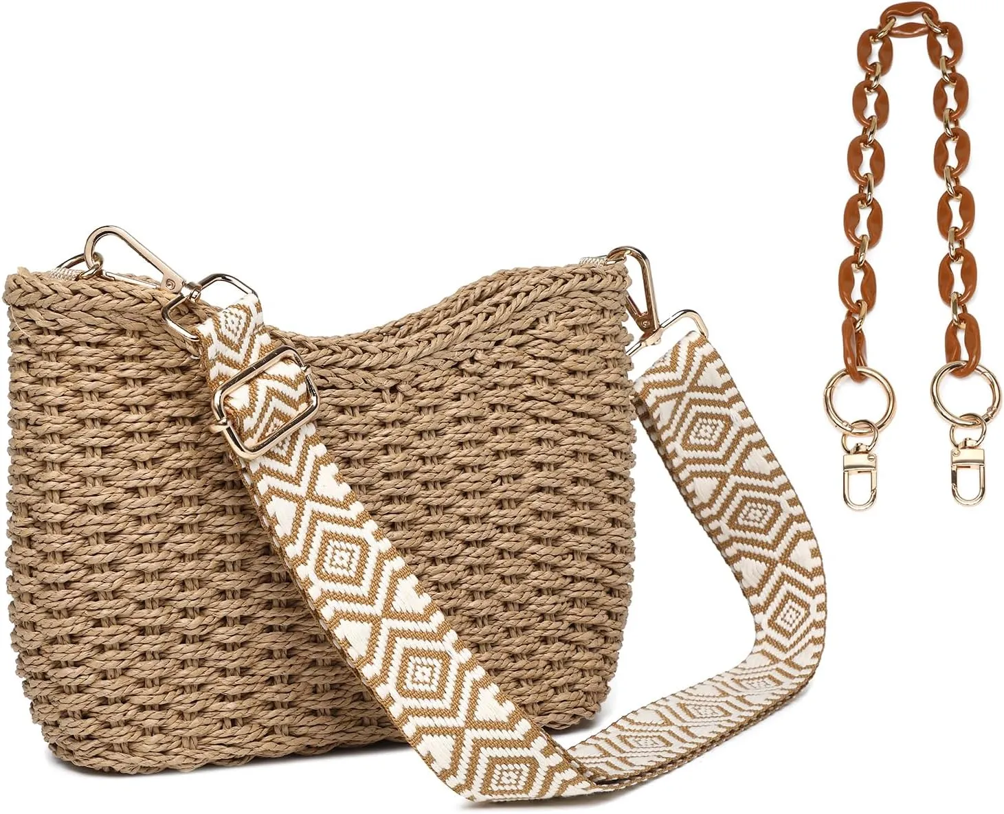 Women's Handmade Woven Shoulder Bags Straw Crossbody Purse Stylish Beach Hobo Handbags with Zipper Closure