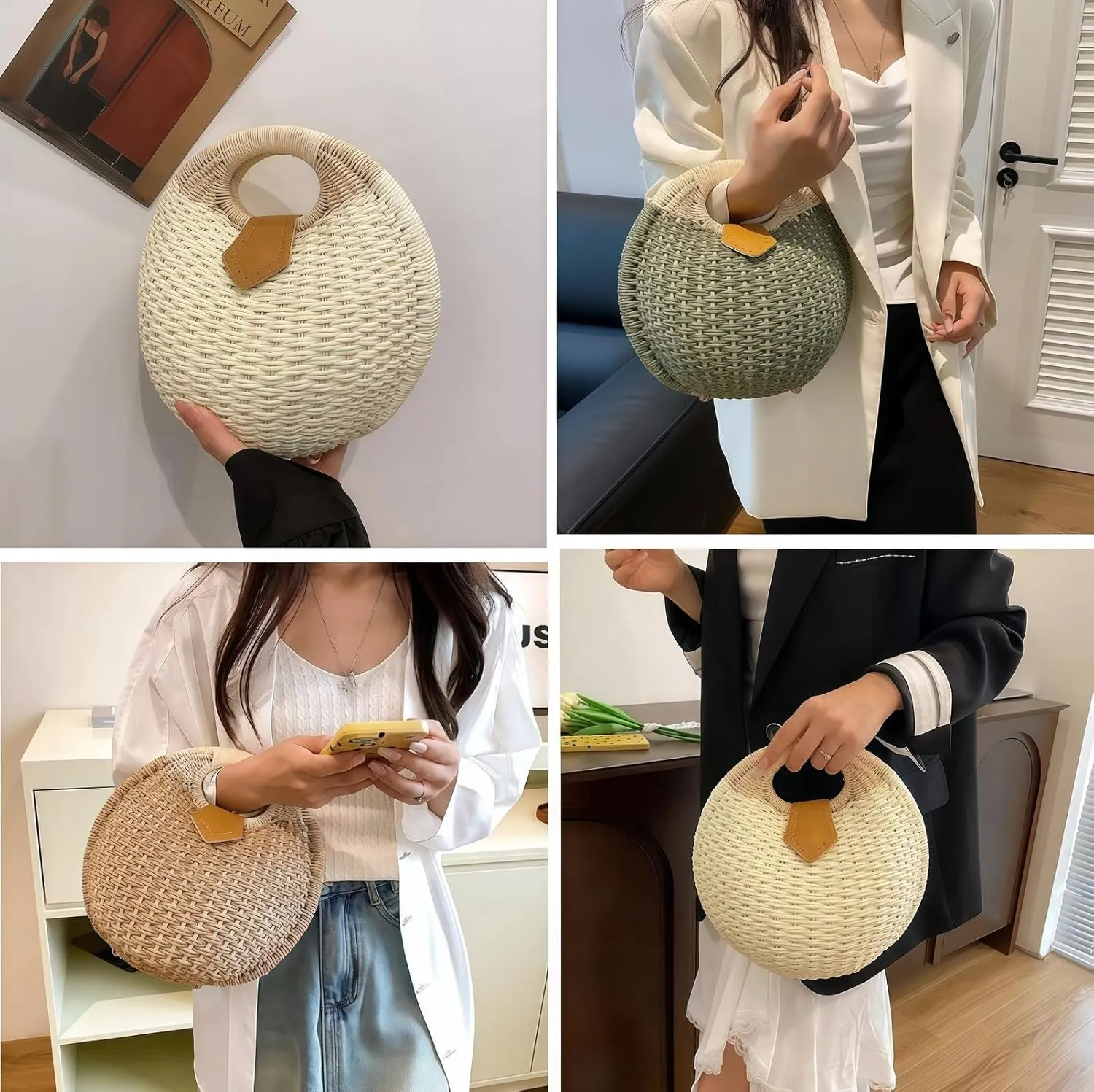 Women’s Handwoven Rattan Handbags Stylish Straw Tote for Summer Beach Retro Woven Shell Bag