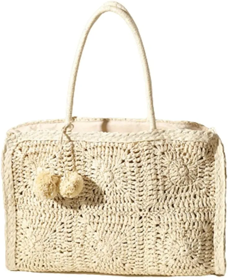 Women’s Handwoven Straw Beach Bag Chic Purse Summer Vocation Straw Tote Handbag Lightweight Hobo Tote