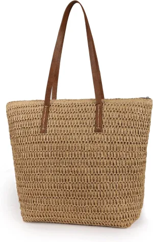 Womens Large Straw Beach Tote Bag Handmade Woven Shoulder Bag Handbag Purse for Summer