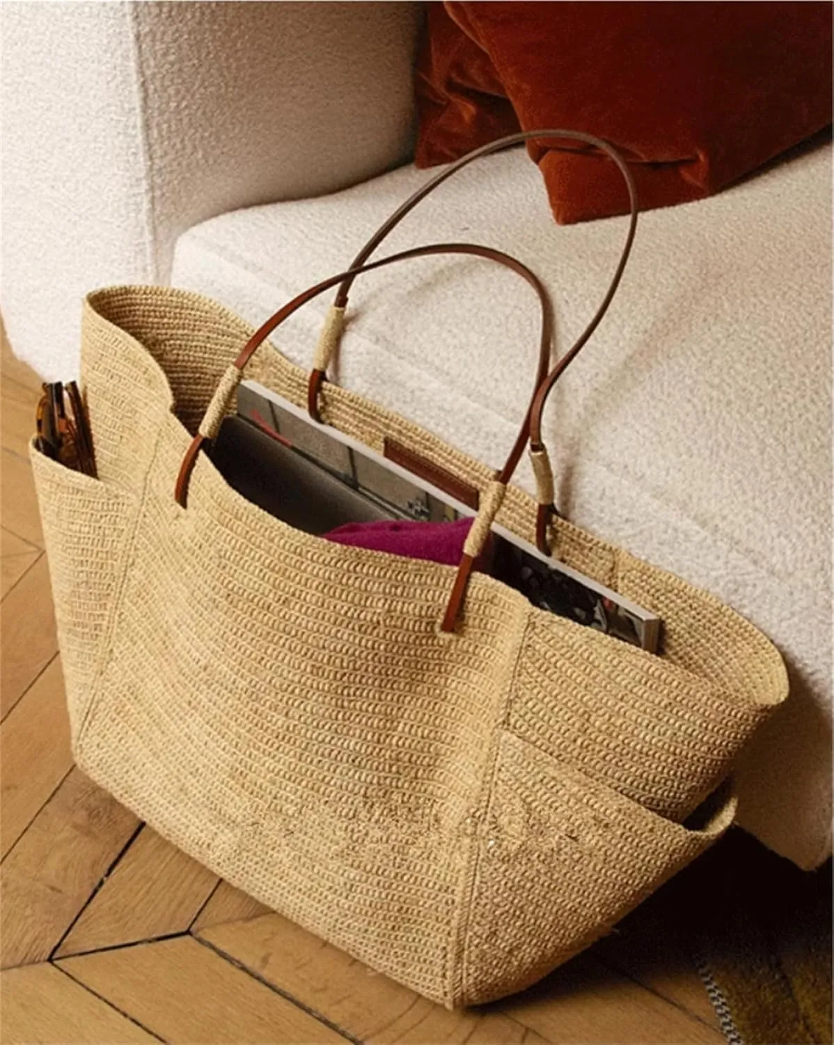 Women's Leisure Vacation Large Capacity Straw Woven Tote Bag Double Pocket Shoulder HandBags