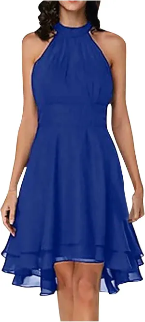 Women's Midi Skirts Elegant Ruffle Sleeveless Chiffon Dresses Irregular Cut A-Line Double Layer Business Guest Dress
