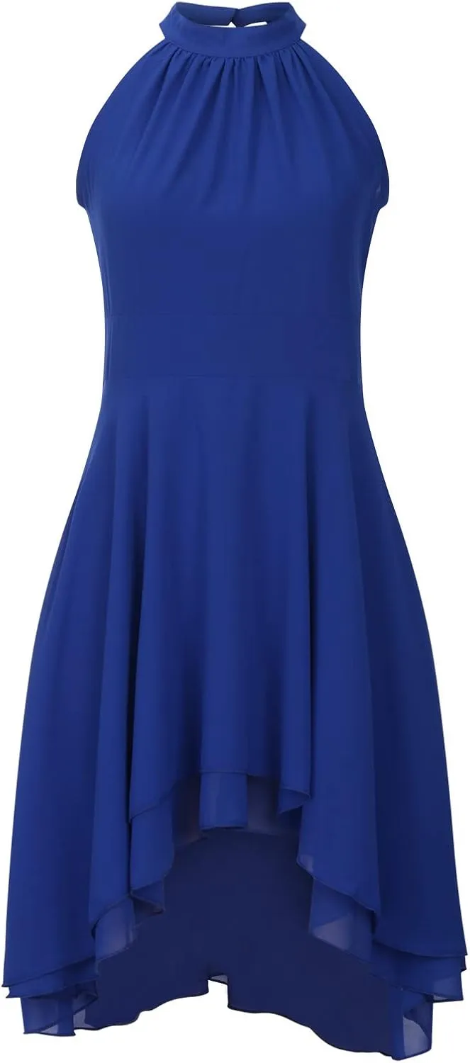 Women's Midi Skirts Elegant Ruffle Sleeveless Chiffon Dresses Irregular Cut A-Line Double Layer Business Guest Dress
