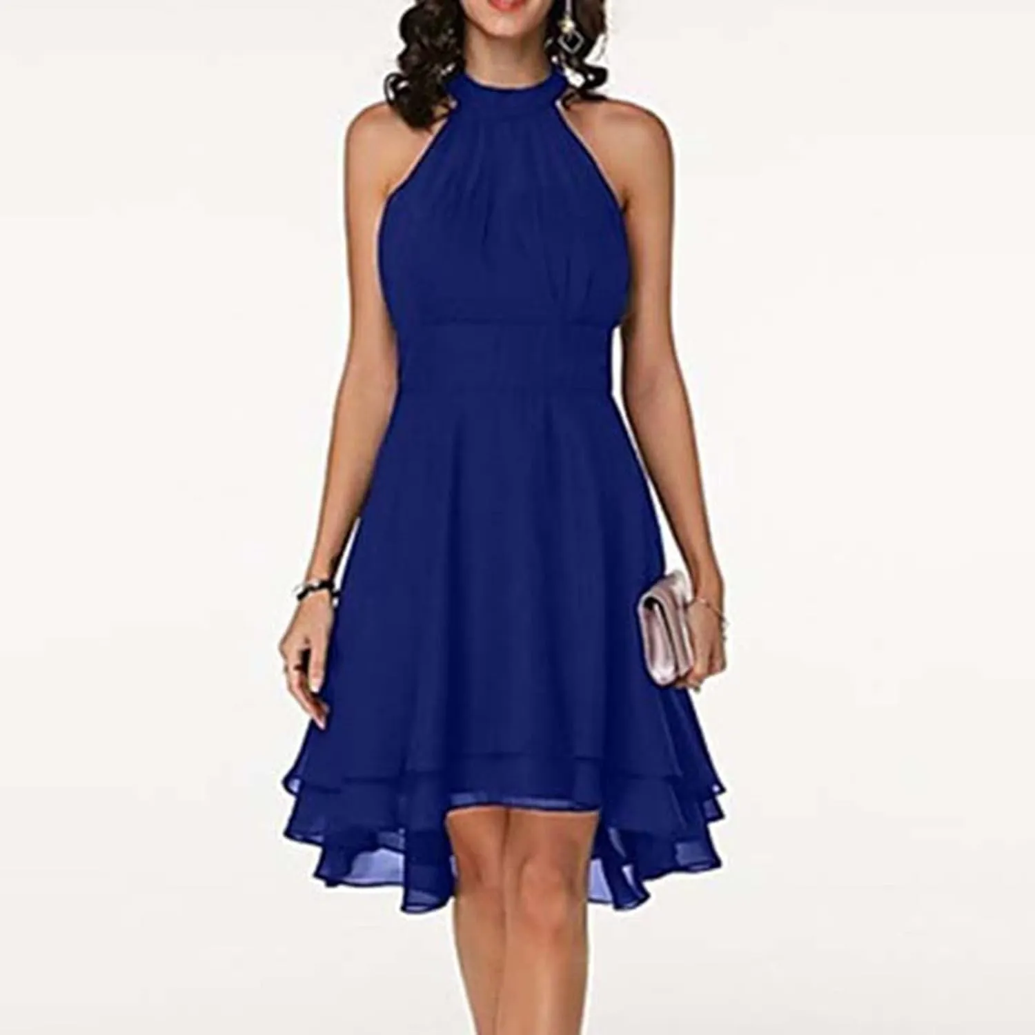 Women's Midi Skirts Elegant Ruffle Sleeveless Chiffon Dresses Irregular Cut A-Line Double Layer Business Guest Dress