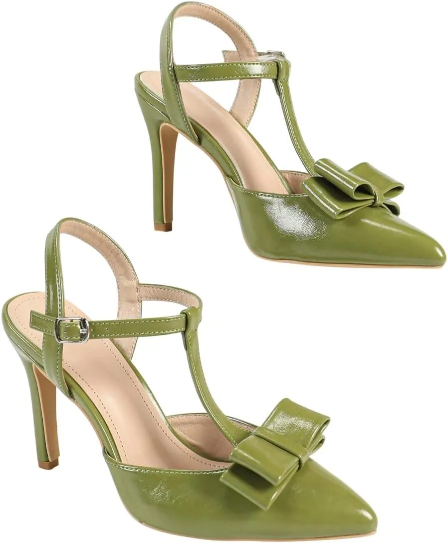 Women's Olive Green Patent Leather Pointed Toe High Heel Sandals, Bow-Embellished T-Strap Design, Stylish Evening Shoes, Trendy Party Footwear, Elegant Open-Toe High Heels