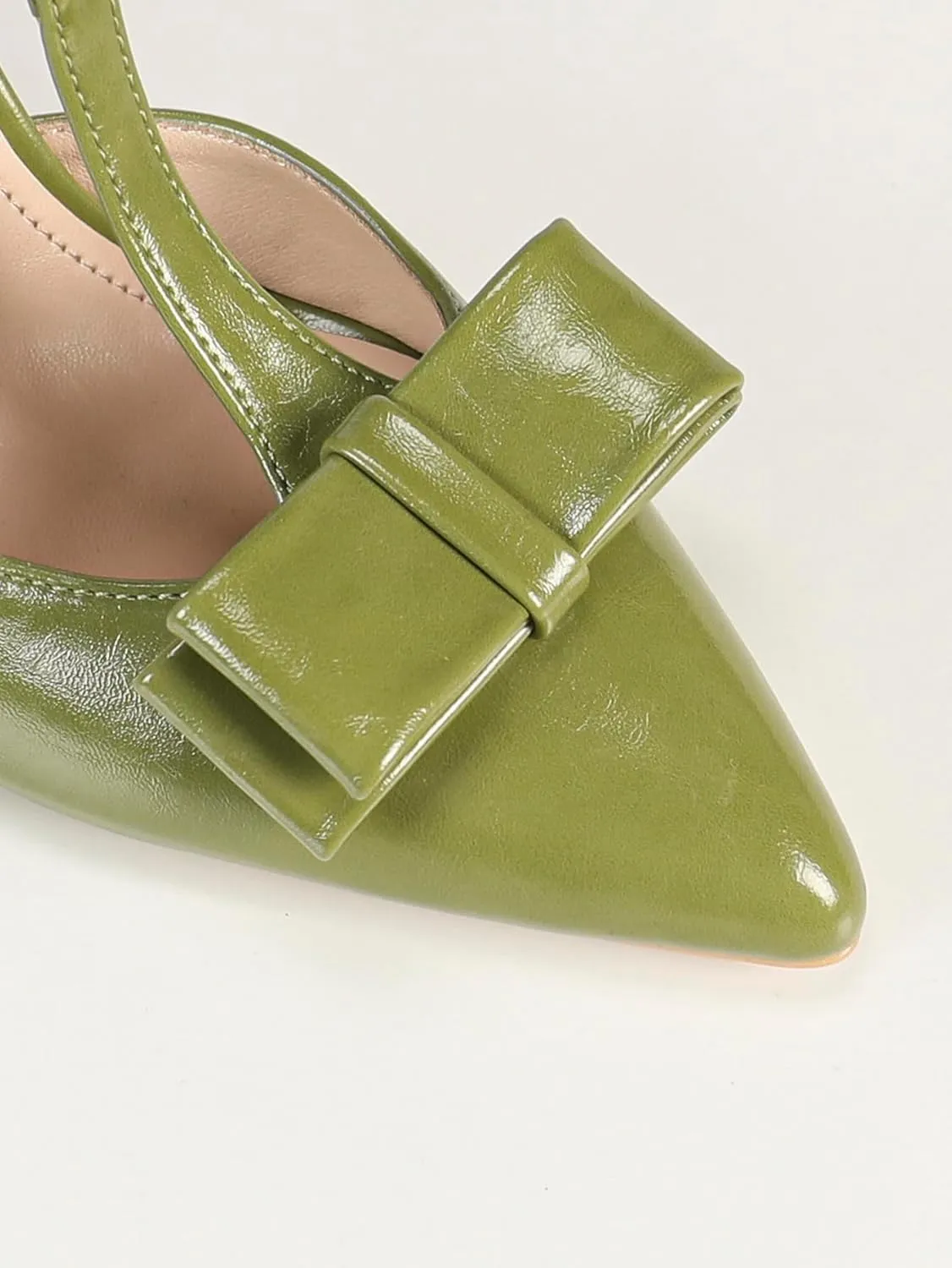 Women's Olive Green Patent Leather Pointed Toe High Heel Sandals, Bow-Embellished T-Strap Design, Stylish Evening Shoes, Trendy Party Footwear, Elegant Open-Toe High Heels