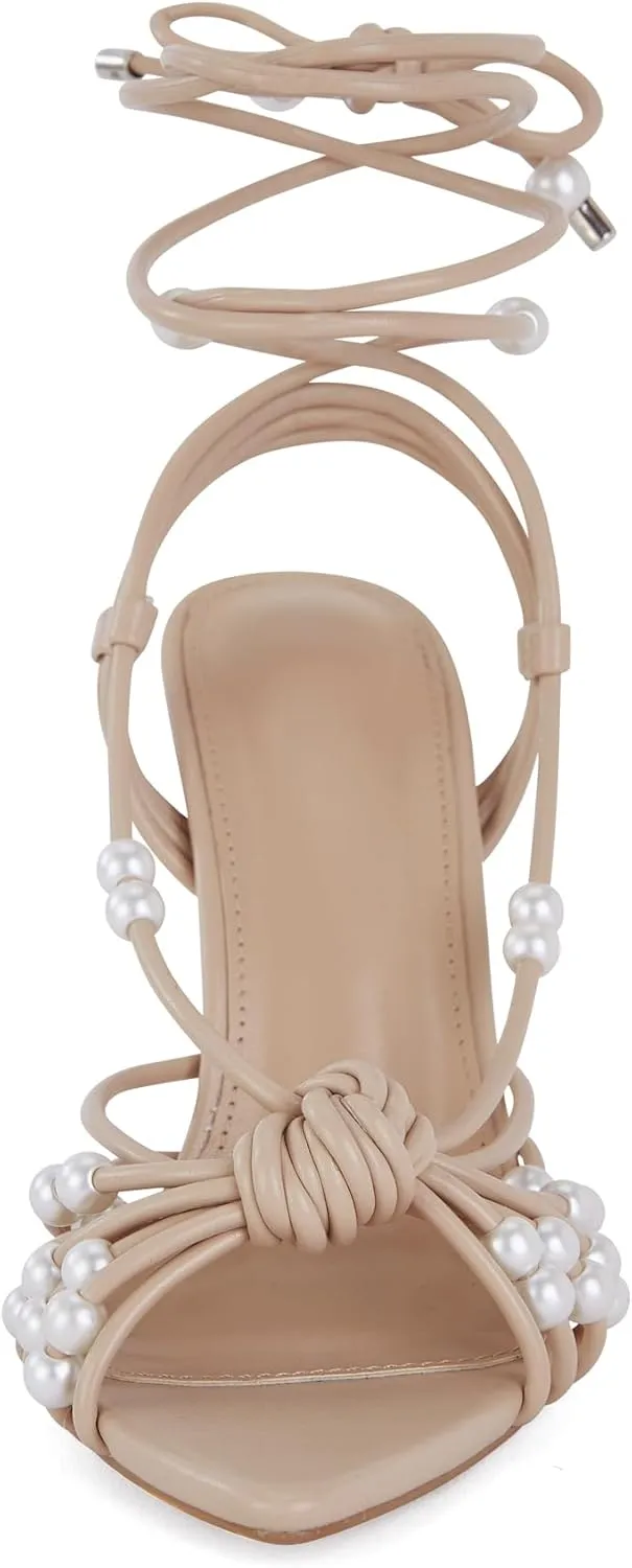 Women's Pearl Embellished Wraparound High Heel Sandals Strappy Ankle Strap Dress Shoes for Wedding Evening Party Comfortable Arch Support Formal Events Footwear