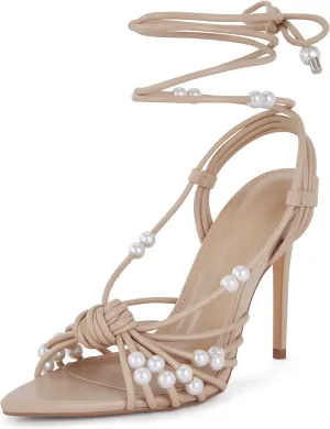 Women's Pearl Embellished Wraparound High Heel Sandals Strappy Ankle Strap Dress Shoes for Wedding Evening Party Comfortable Arch Support Formal Events Footwear
