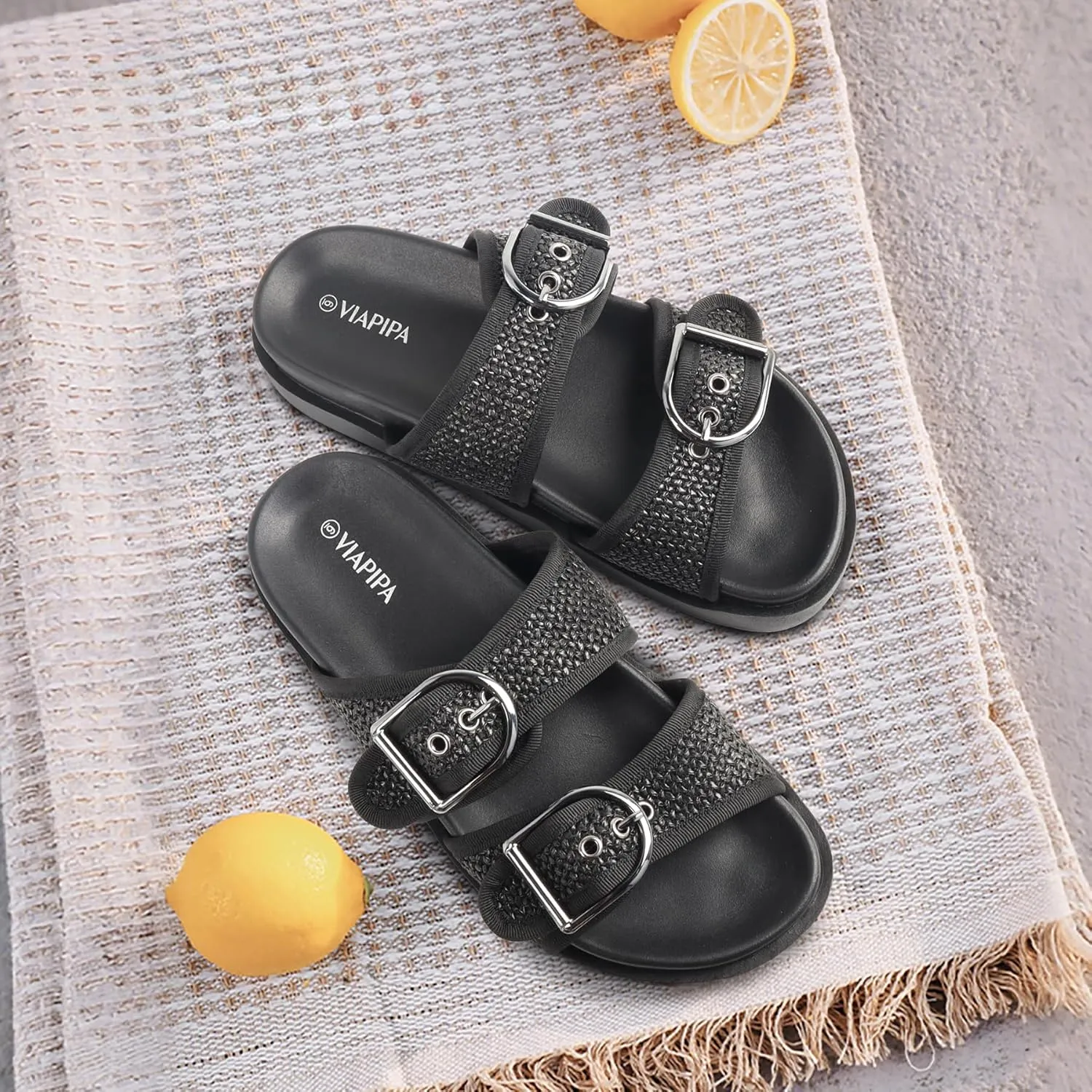 Women's Raffia Platform Sandals Chunky Woven Slides with Adjustable Double Buckle, Comfortable Flatform summer shoes