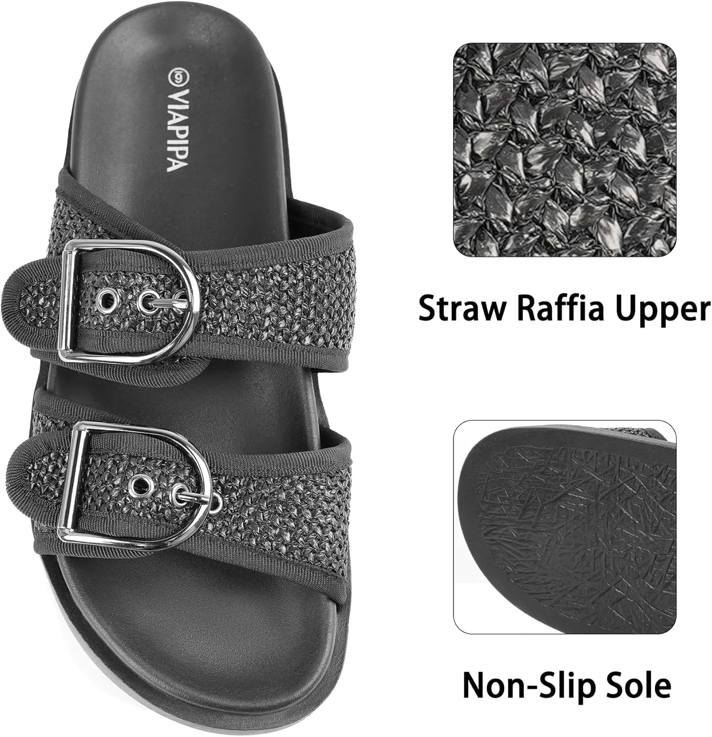 Women's Raffia Platform Sandals Chunky Woven Slides with Adjustable Double Buckle, Comfortable Flatform summer shoes