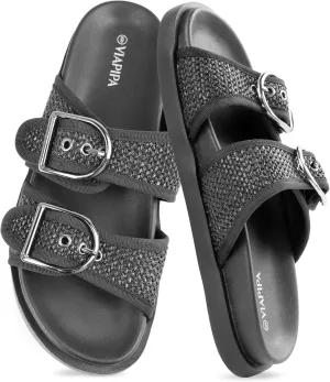 Women's Raffia Platform Sandals Chunky Woven Slides with Adjustable Double Buckle, Comfortable Flatform summer shoes