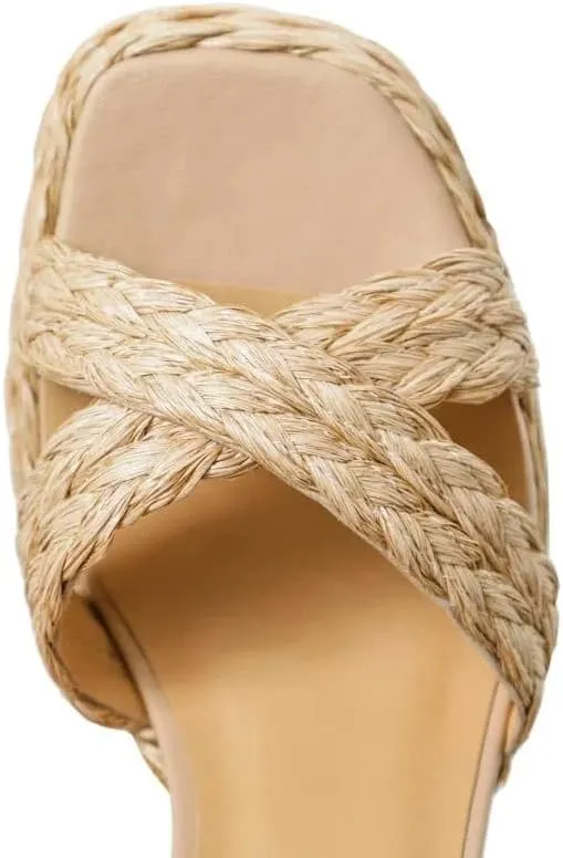 Women's Raffia Platform Square toe Chunky High heel Sandals, Adjustable buckle Ankle strap Open toe Braided Cross Straps shoes, Summer Beach Casual Comfortable shoes.