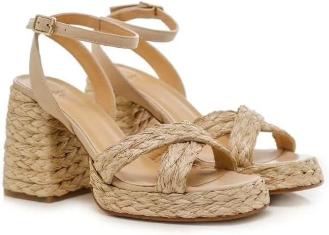 Women's Raffia Platform Square toe Chunky High heel Sandals, Adjustable buckle Ankle strap Open toe Braided Cross Straps shoes, Summer Beach Casual Comfortable shoes.