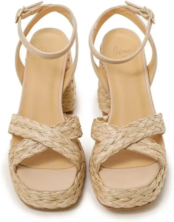 Women's Raffia Platform Square toe Chunky High heel Sandals, Adjustable buckle Ankle strap Open toe Braided Cross Straps shoes, Summer Beach Casual Comfortable shoes.