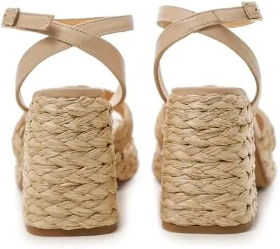 Women's Raffia Platform Square toe Chunky High heel Sandals, Adjustable buckle Ankle strap Open toe Braided Cross Straps shoes, Summer Beach Casual Comfortable shoes.