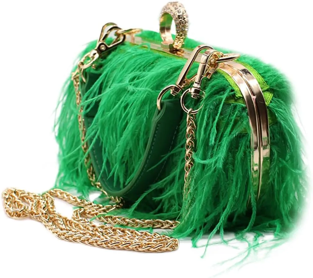 Women's Real Natural Ostrich Feather Clutch Evening Bags Fluffy Purse Handbag Feather Tote Bag for Wedding Party