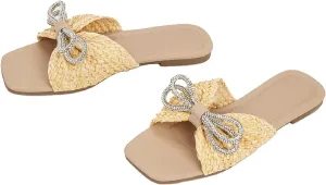 Women's Rhinestones Bow Weave Flat Slides Sandals Fashion Comfortable Open Square Toe Slip On Summer Raffia Dress Slippers for Daily Indoor Outdoor Party Beach