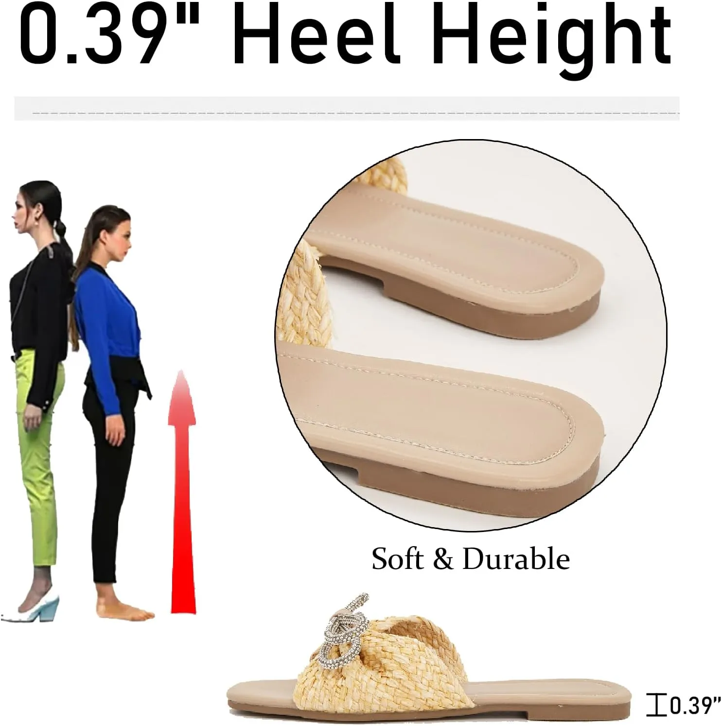 Women's Rhinestones Bow Weave Flat Slides Sandals Fashion Comfortable Open Square Toe Slip On Summer Raffia Dress Slippers for Daily Indoor Outdoor Party Beach