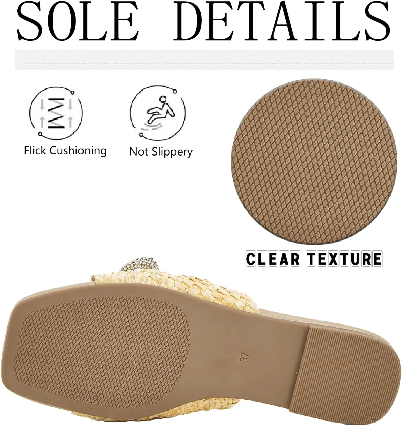 Women's Rhinestones Bow Weave Flat Slides Sandals Fashion Comfortable Open Square Toe Slip On Summer Raffia Dress Slippers for Daily Indoor Outdoor Party Beach