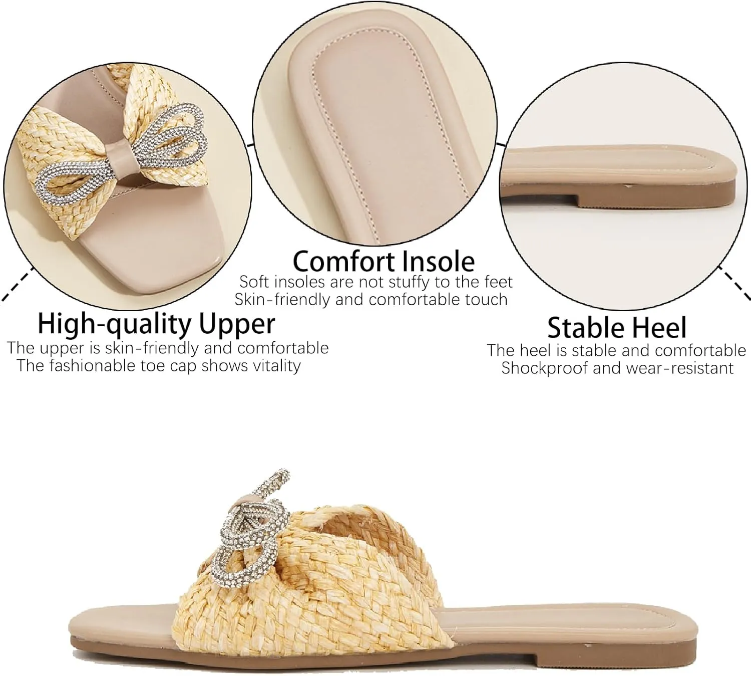 Women's Rhinestones Bow Weave Flat Slides Sandals Fashion Comfortable Open Square Toe Slip On Summer Raffia Dress Slippers for Daily Indoor Outdoor Party Beach
