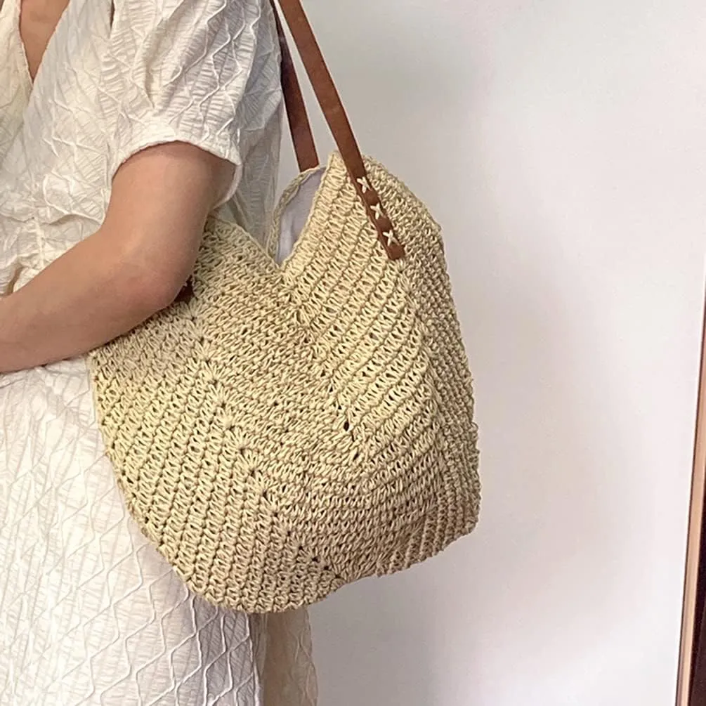 Womens Simple Elegant Straw Beach Tote Bag Handmade Woven Shoulder Purse for Summer
