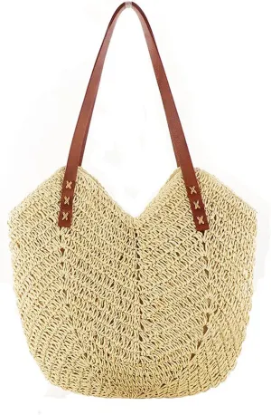 Womens Simple Elegant Straw Beach Tote Bag Handmade Woven Shoulder Purse for Summer